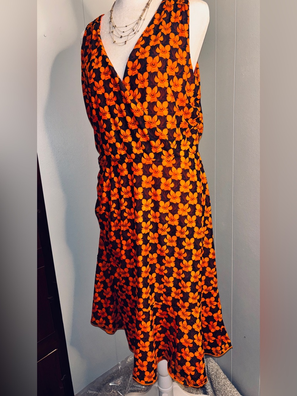 CAbi Black Midi Dress with Bright Orange Floral Print- Reversible
